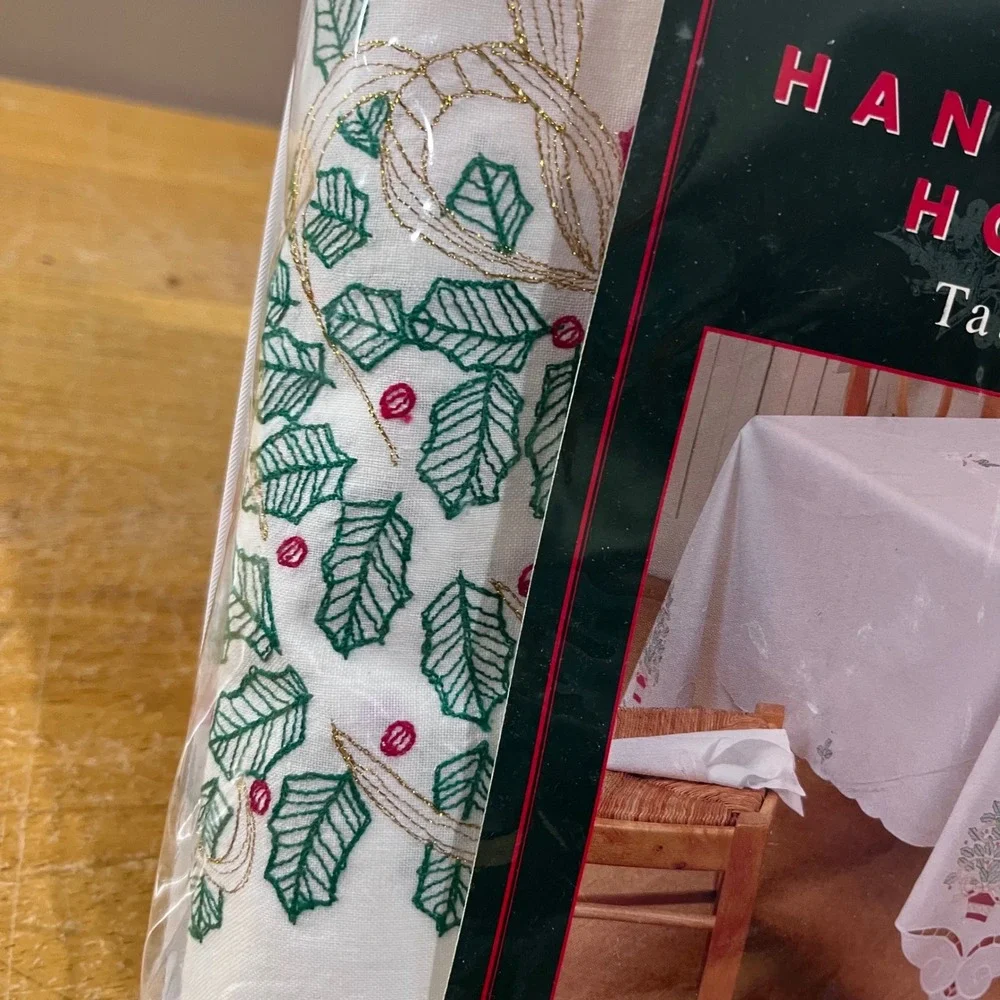 Vtg 1997 Handcrafted Holiday Cutwork Tree Cotton Tablecloth 68x104 Oblong White